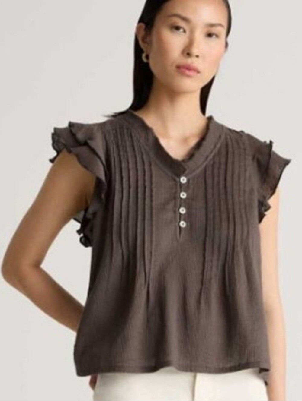 Quince Women Organic Textured Cotton Ruffle Short Sleeve Blouse, Black